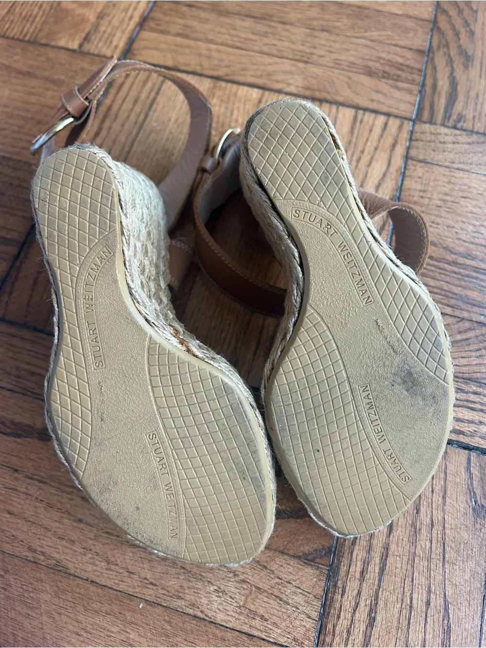 Stuart Weitzman Cognac Leather Espadrille Wedge Sandals